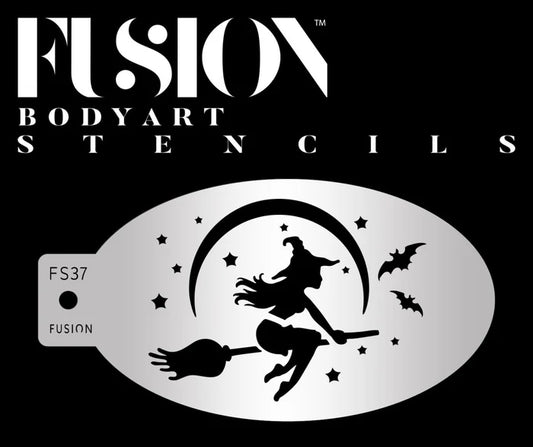 Witch and broomstick face stencil-FS25 - Pochoir sorcière et balai