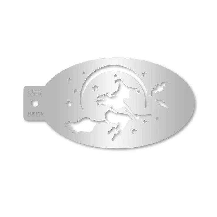 Witch and broomstick face stencil-FS25 - Pochoir sorcière et balai